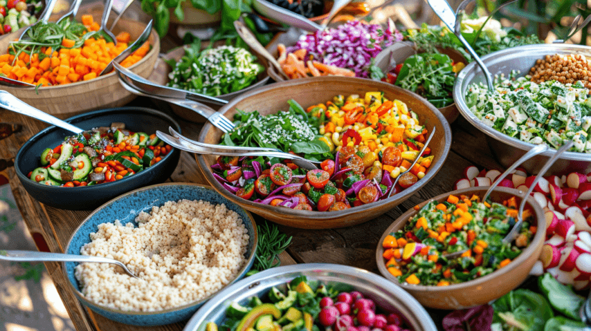 סטייק על קרש חיתוך בין ירקות צלויים