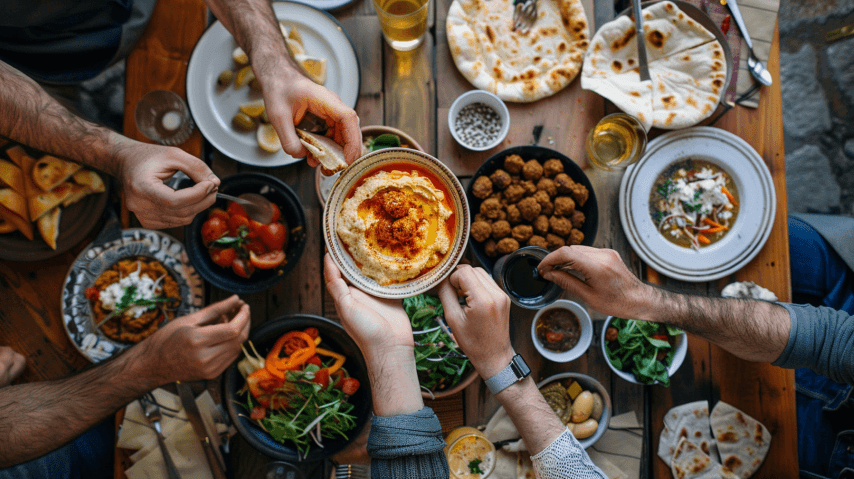 מנות ים תיכוניות מגוונות בשולחן מסעדה כשרה